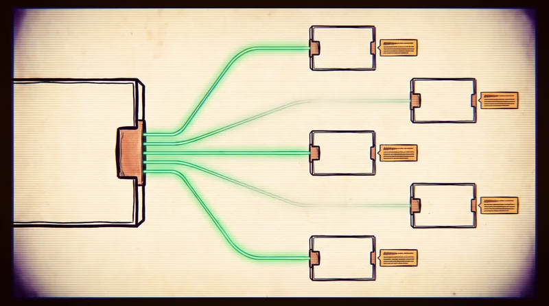 Ink illustration of five systemd unit blocks fed by one shared template, with two signal traces fading out